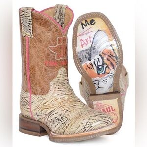 Tin Haul Kids Cowboy Boots Golden Tiger Hear Me Roar Brown Cream w Pink Accents